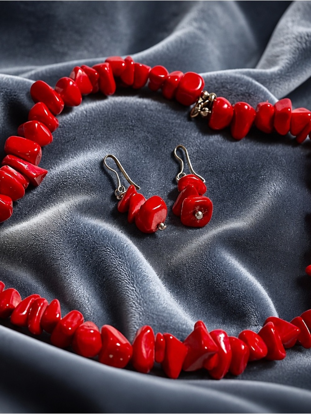 * Liz Claiborne Vintage Red Chip Bead Statement Necklace Earring Set 20"
